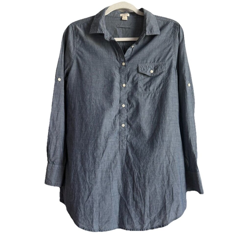 J.CREW Women’s Chambray Half Button Down Popover Shirt Rolled Tab Sleeves Size S